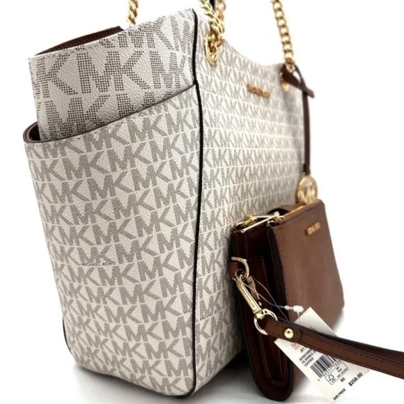 Michael Kors Large Chain Shoulder Bag & Double Zip Wallet Set Vanilla/Luggage - Picture 4 of 14